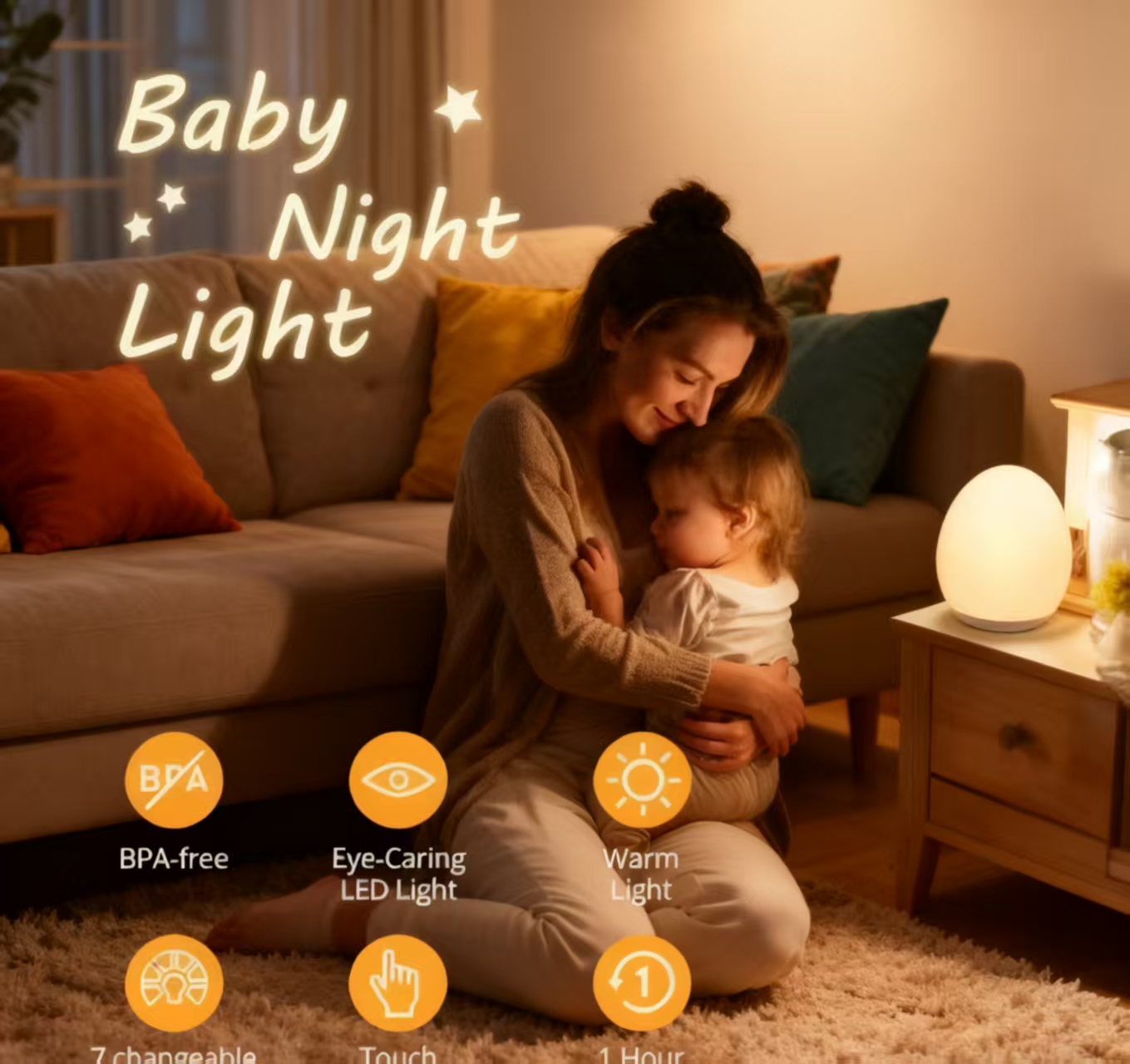 Baby Nursery Light - “Egg-Shaped Silicone Night Light, Touch-Dimmable 7-Color