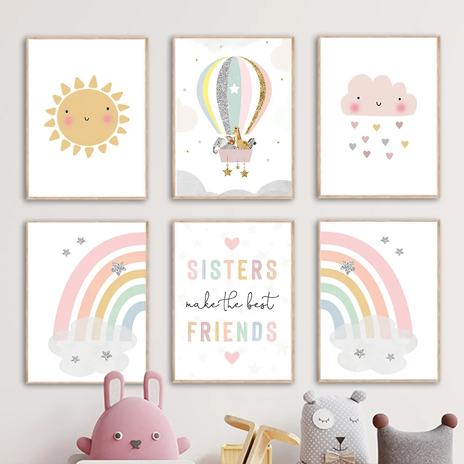 Baby Nursery Girl - Giraffe Elephant Hot Balloon Sun Rainbow