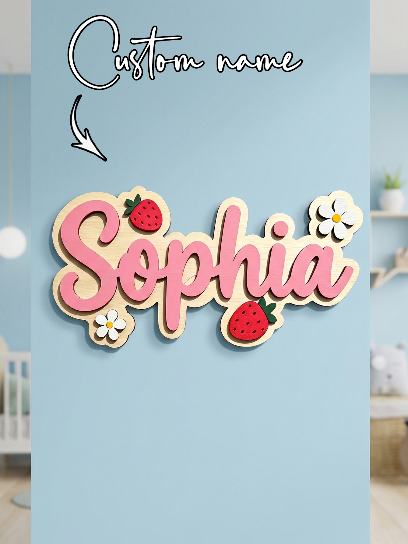 Baby Nursery Wall Decor - Custom Name Strawberry Daisy Wooden Name