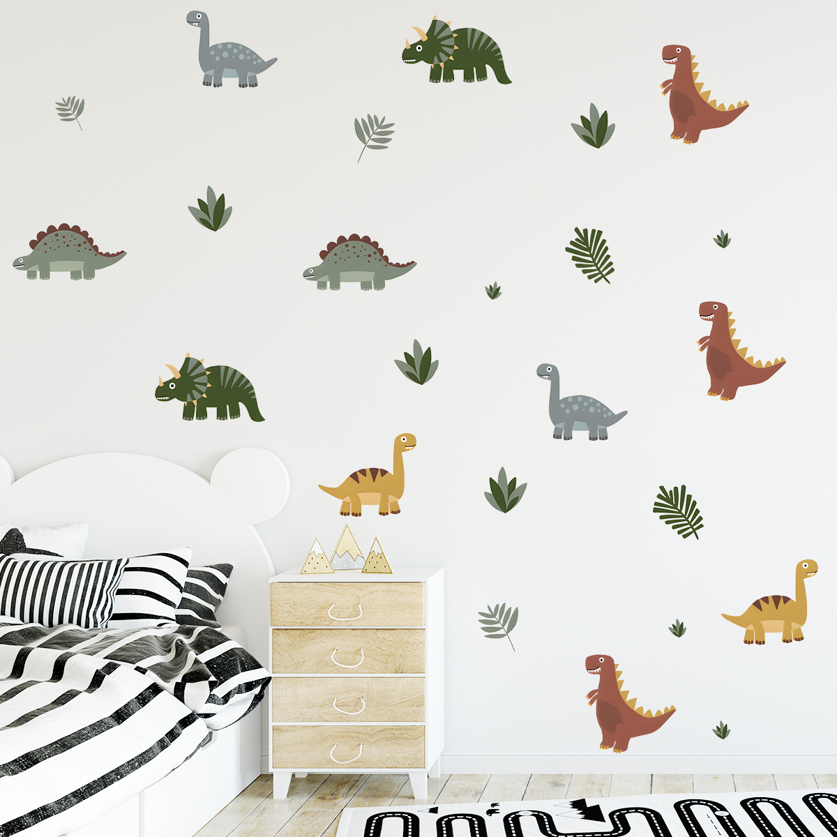 Baby Nursery Wall Decals - Cartoon Cute Dinosaur Leaf Animal Wall