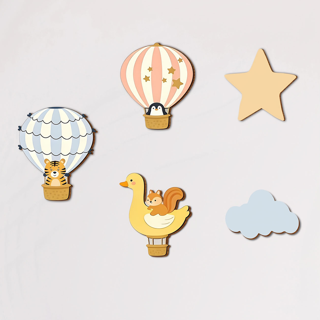 Baby Nursery Wall Decals - 5Pcs Animal Hot Air Balloon Wooden