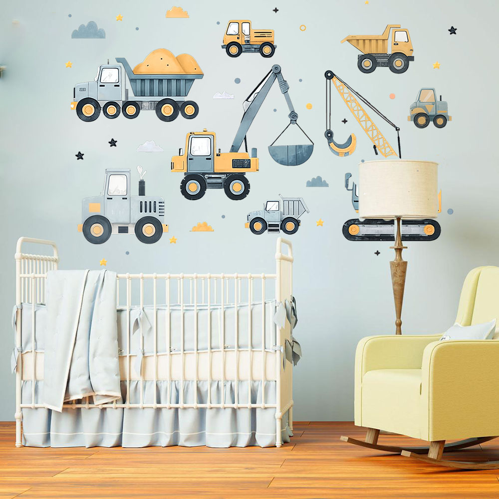 Cartoon Excavator Vehicles Set - Baby Nursery Wall Decals incelemesi ve fiyatı