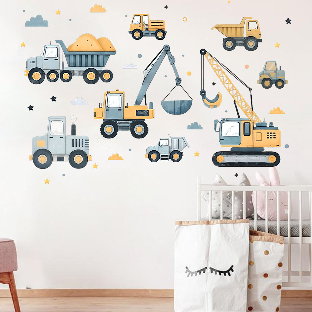 Cartoon Excavator Vehicles Set - Baby Nursery Wall Decals incelemesi ve fiyatı