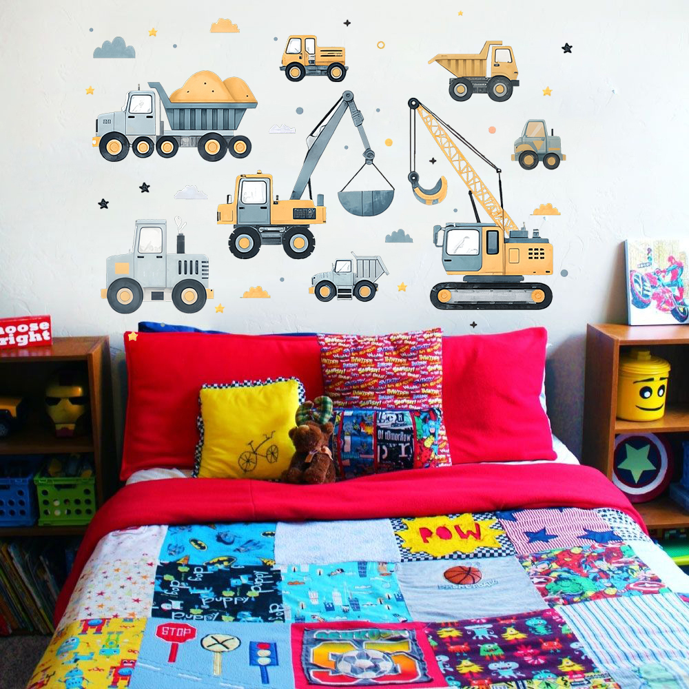 Cartoon Excavator Vehicles Set - Baby Nursery Wall Decals incelemesi ve fiyatı