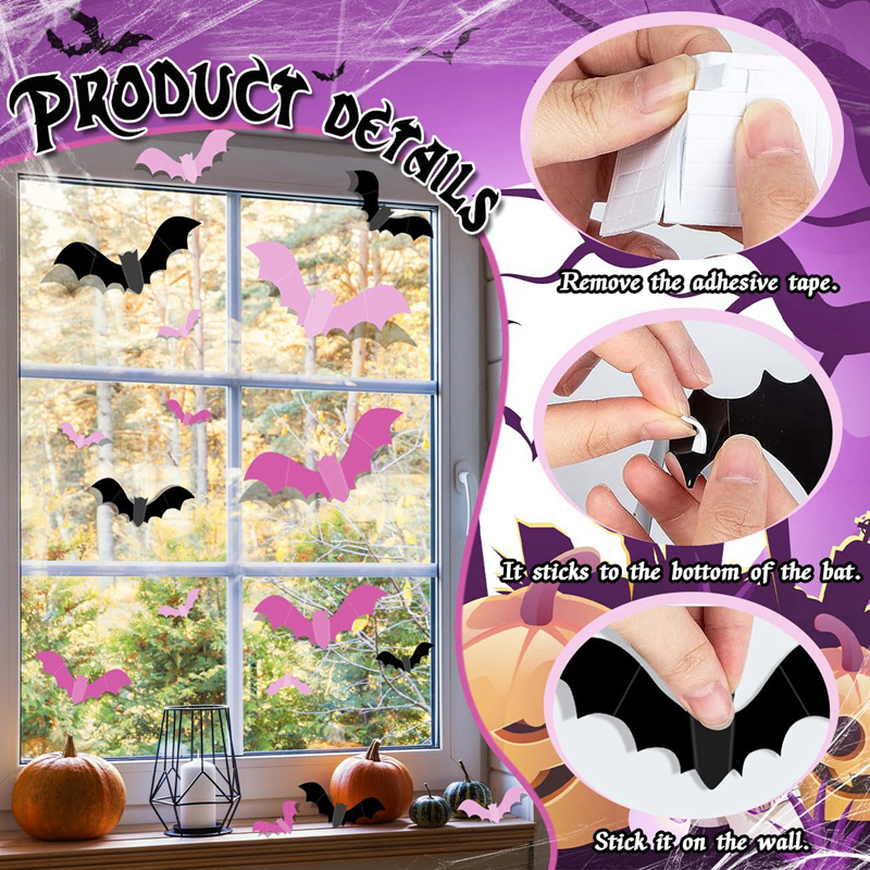 24/48Pcs Halloween Pink Bats W - Baby Nursery Wall Decals incelemesi ve fiyatı