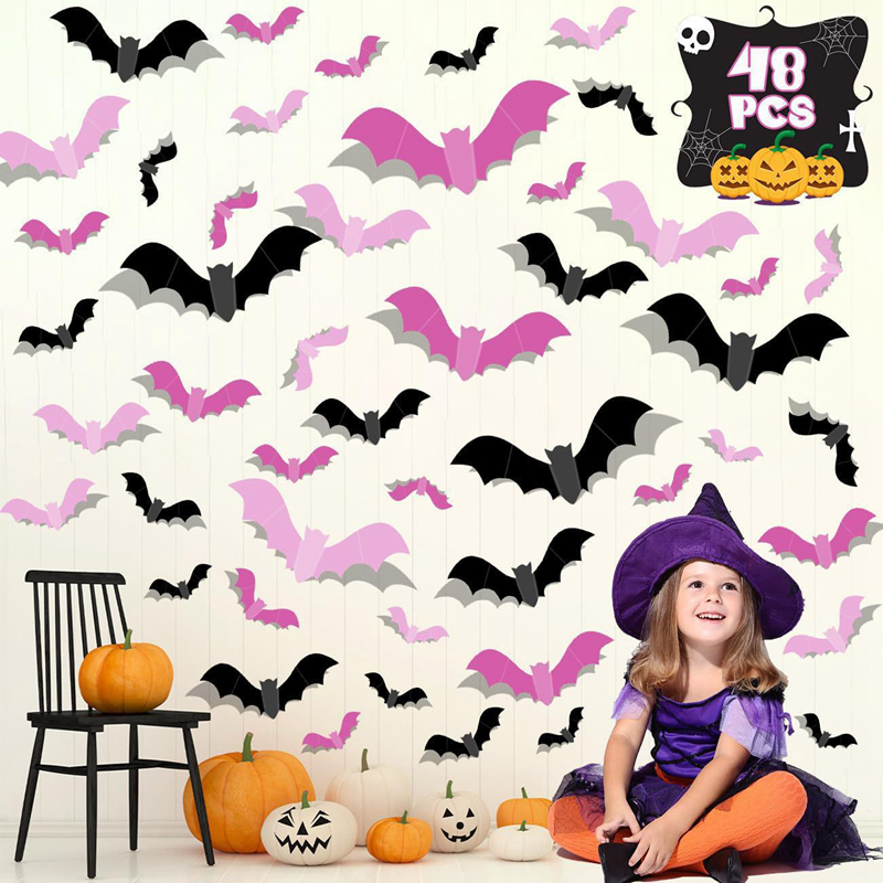 24/48Pcs Halloween Pink Bats W - Baby Nursery Wall Decals incelemesi ve fiyatı