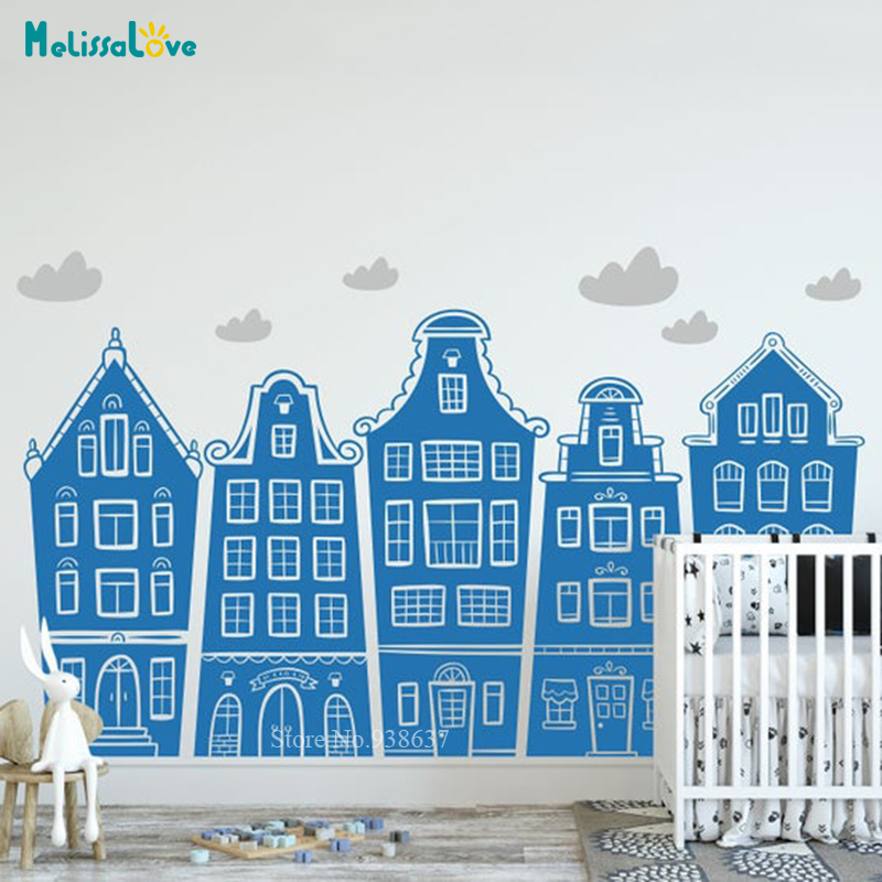 Scandinavian Houses & Clouds D - Baby Nursery Wall Decals incelemesi ve fiyatı