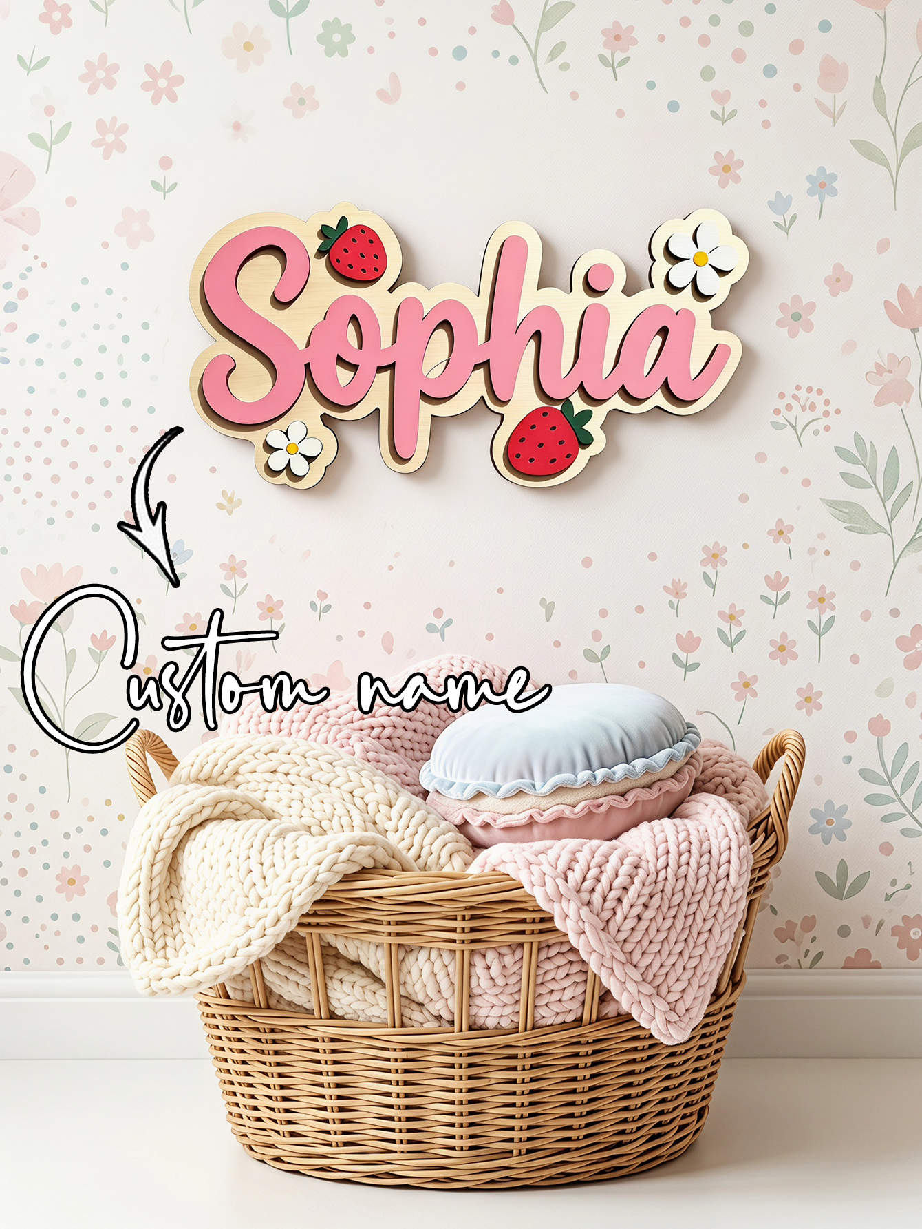 Custom Name Strawberry Daisy W - Baby Nursery Wall Decor incelemesi ve fiyatı