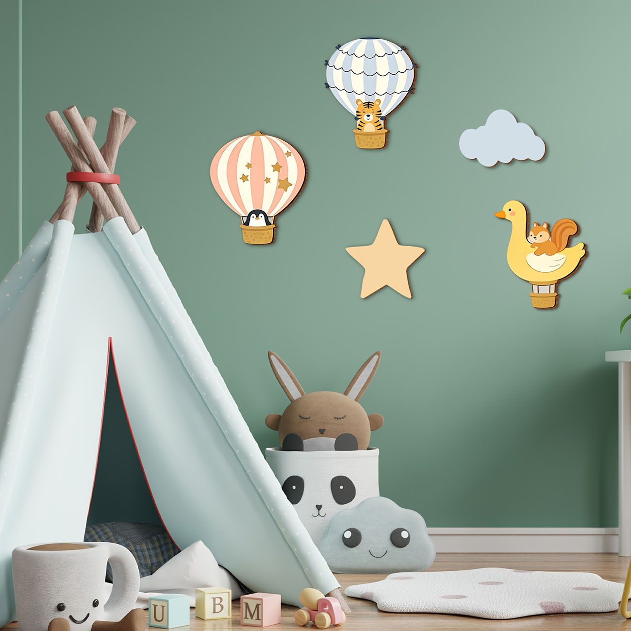 5Pcs Animal Hot Air Balloon Wo - Baby Nursery Wall Decals incelemesi ve fiyatı